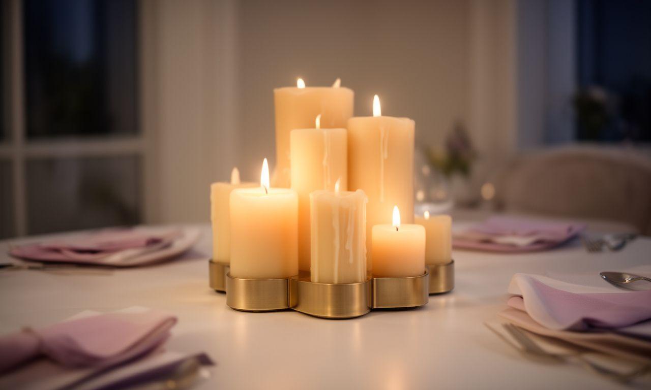 Elegante Kerzen- und Kerzenhalter-Komposition auf einem hellen Tisch mit warmem Abendlicht